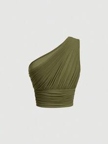 Top crop de un hombro fruncido - Verde militar - Ver 2