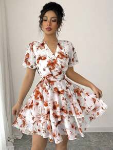 Vestido casual de mujer con cuello en V, mangas con volantes y estampado floral - Rojo y blanco - Ver 5