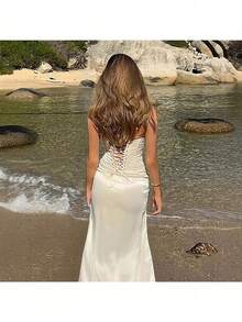 Nuevo vestido de fiesta de verano para mujer, elegante vestido anudado con abertura, tejido satinado. - Blanco - Ver 4