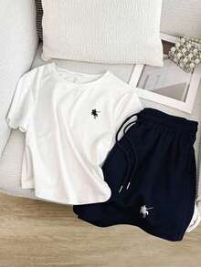 Conjunto de camiseta con estampado de corazón bordado y pantalones cortos de cintura elástica para mujer talla grande, adecuado para deportes al aire libre, gran regalo para mujeres, hermanas, madres, Día de la Madre, Día de San Valentín, conjunto - Multicolor 2 - Ver 3