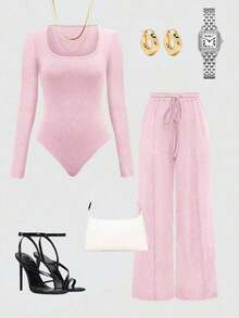 Set de 2 piezas: Top con bajo asimétrico y pantalones de unicolor - Rosa - Ver 9
