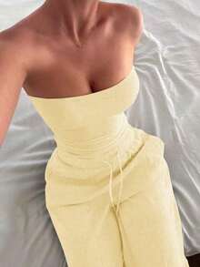 Conjunto de 2 piezas de ropa de otoño Vaiaye: Top corto ajustado y sexy sin tirantes, camiseta básica de unicolor elástica y ajustada, top tipo bandeau para yoga; Conjunto de pantalones para primavera/verano - Amarillo - Ver 10