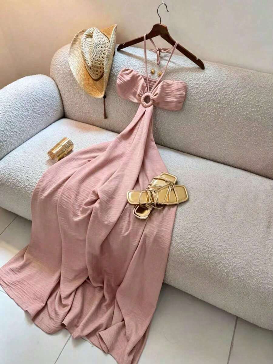 Women's Vacation-Style Midi Dress, Retro Print Spaghetti Strap Dress With Open Back And Cutout Details, Perfect For Summer - 灰藍色 - 查看 1