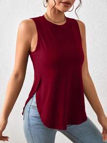 1 pieza Camiseta casual de mujer de cuello redondo y bajo con abertura lateral de un solo color - Burdeos - Ver 6