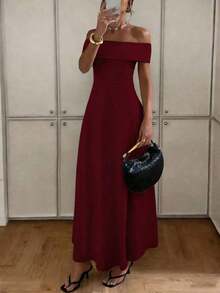 Vestido de mujer de unicolor con hombros descubiertos, nuevo vestido largo elegante y ajustado sin espalda para fiestas, uso diario y citas - Burdeos - Ver 7