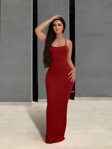 Vestido largo de uso diario con tiras cruzadas sencillas y liso para mujer - Burdeos - Ver 7