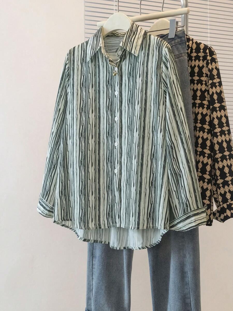 YUXIN New Spring/Summer/Autumn Women's Turndown Collar Long Sleeve Blouse, Retro Hong Kong Style Striped Slim Fit Shirt