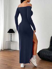 Vestido largo rojo sexy con hombros descubiertos y abertura alta - Azul marino - Ver 2