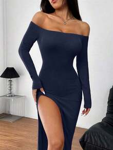 Vestido largo rojo sexy con hombros descubiertos y abertura alta - Azul marino - Ver 4