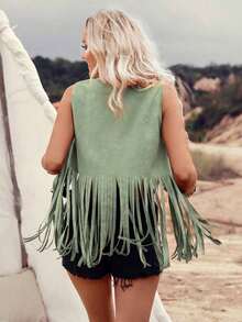 Chaqueta casual sin mangas con flecos, remaches y unicolor - Verde - Ver 2