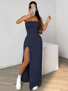 Vestido sin tirantes con abertura alta de unicolor para mujeres - Azul marino - Ver 7