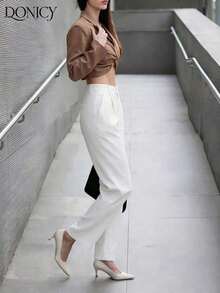 Pantalones rectos de cintura alta de unicolor para mujer, con pliegues, suaves y cómodos, versátiles y elegantes para uso casual urbano, adecuados para uso diario casual, citas, fiestas, San Valentín, carnaval y oficina - Blanco - Ver 9