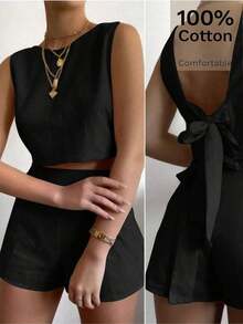 Conjunto de 2 piezas de blusa sin mangas con detalle de lazo y pantalón corto de 100% algodón para mujer, conjunto casual de verano, conjunto de lino - Negro - Ver 8