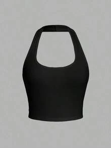 Camiseta de tirantes de ajuste ceñido con cuello halter, color liso y corta, de estilo minimalista y casual para mujer, de verano - Negro 2 - Ver 5