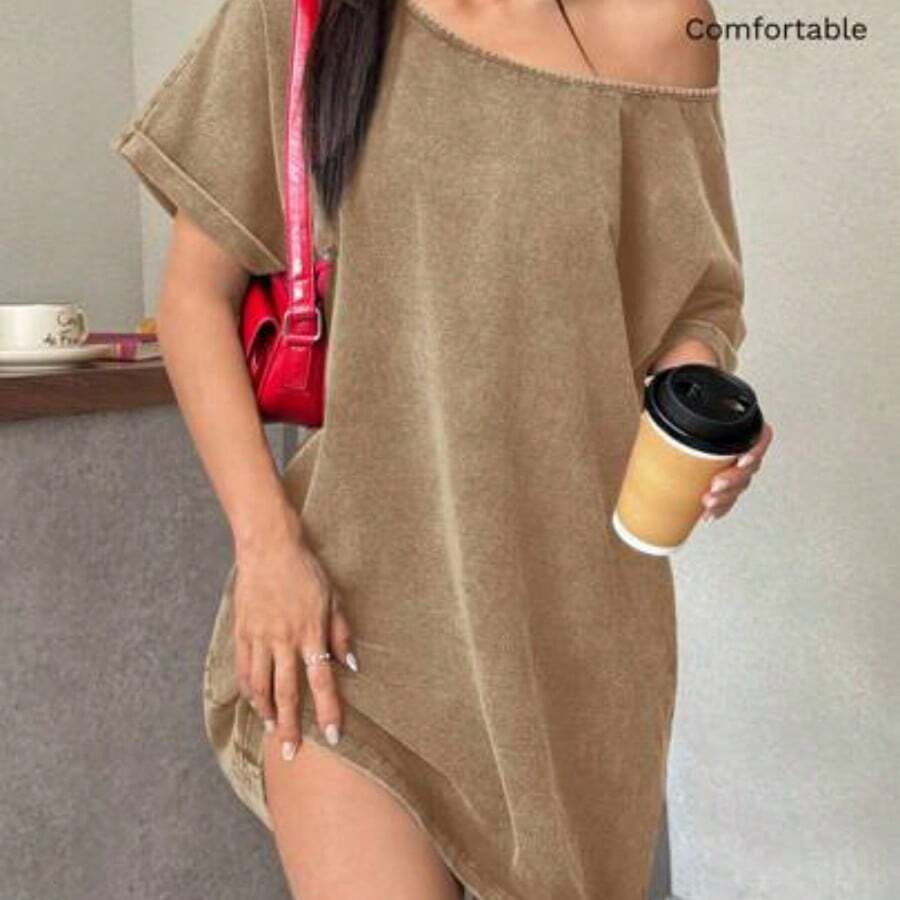 Vintage Washed Loose Cold-Shoulder T-Shirt Dress, Western Music Festival Style, Summer Loose Summer Dress Comfy Dress T Shirt Dresses For Women Lounge Dress Off Shoulder Dresses For Woman ,Summer Dress Loose Dress T Shirt Dress For Women - Caqui - Ver 1