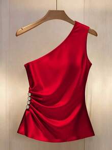 elegante de mujer con cuello oblicuo, adorno de botones y ribete plisado - Rojo - Ver 3