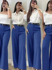 Pantalones casuales de pierna acampanada con diseño minimalista para mujer, adecuados para ir al trabajo, la oficina, uso diario, todas las estaciones, primavera - Azul - Ver 6