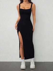 Vestido largo ajustado de mujer con abertura alta, de punto acanalado elástico y tirantes anchos, atuendo de vacaciones para mujer - Negro - Ver 4
