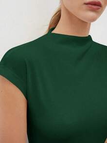 Camiseta de mujer de manga corta con cuello alto y mangas de murciélago, de unicolor, para uso casual de negocios, uniforme de maestro, ropa de oficina, escuela, top básico, estilo vintage - Verde - Ver 9