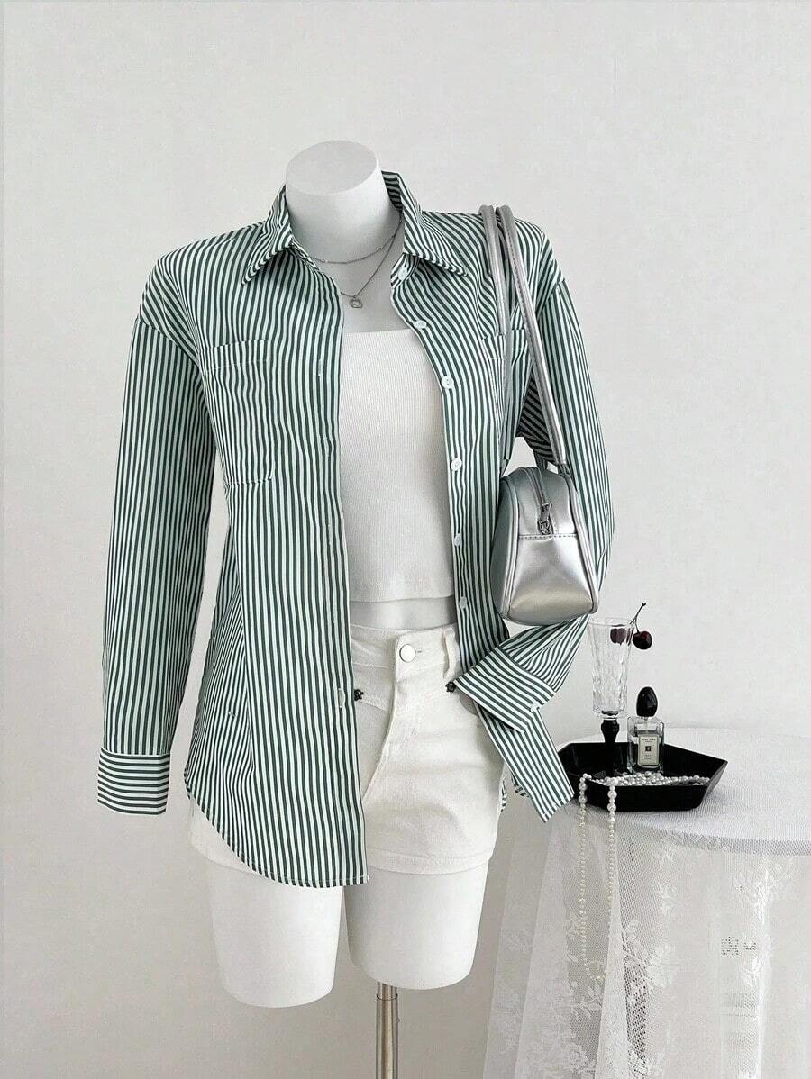 Blusa de mujer de manga larga con hombros caídos y rayas, Blusas de manga larga - Verde - Ver 1