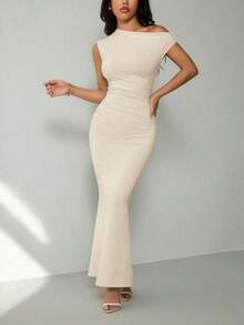 Ropa de verano, atuendos para citas diarias y viajes, atuendos de fiesta, atuendos interiores elegantes para mujeres, atuendos para salir, vestido asimétrico de sirena extra largo con hombros caídos, atuendos de club para mujeres, atuendos de - Albaricoque - Ver 3
