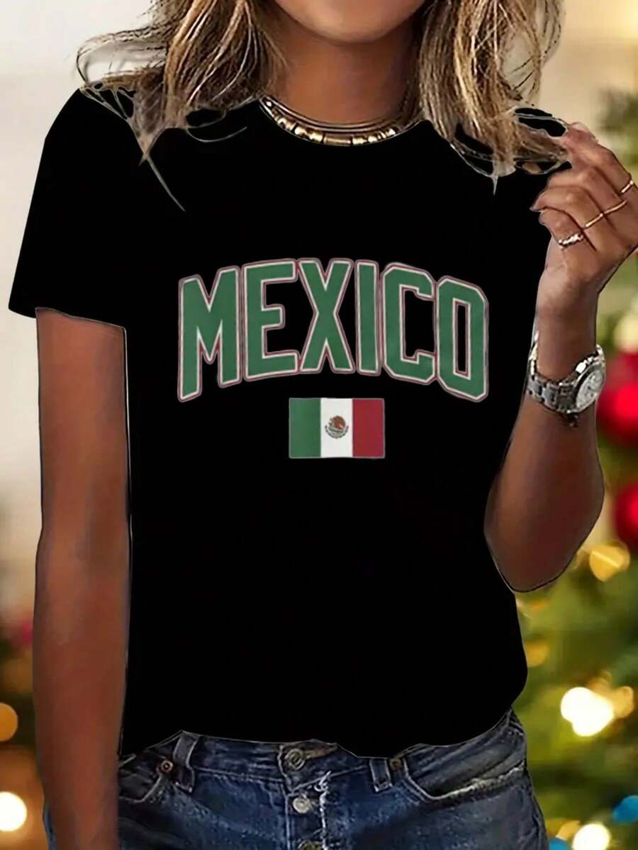 Camiseta de algodón suave para mujeres de talla grande MYNOVA C con estampado de la bandera de MÉXICO, regalo para amantes de los viajes, día de San Valentín, atuendo de moda, vestidos de mujer de verano, casual, perfecta para todas las estaciones, tallas S M L XL - Negro - Ver 1