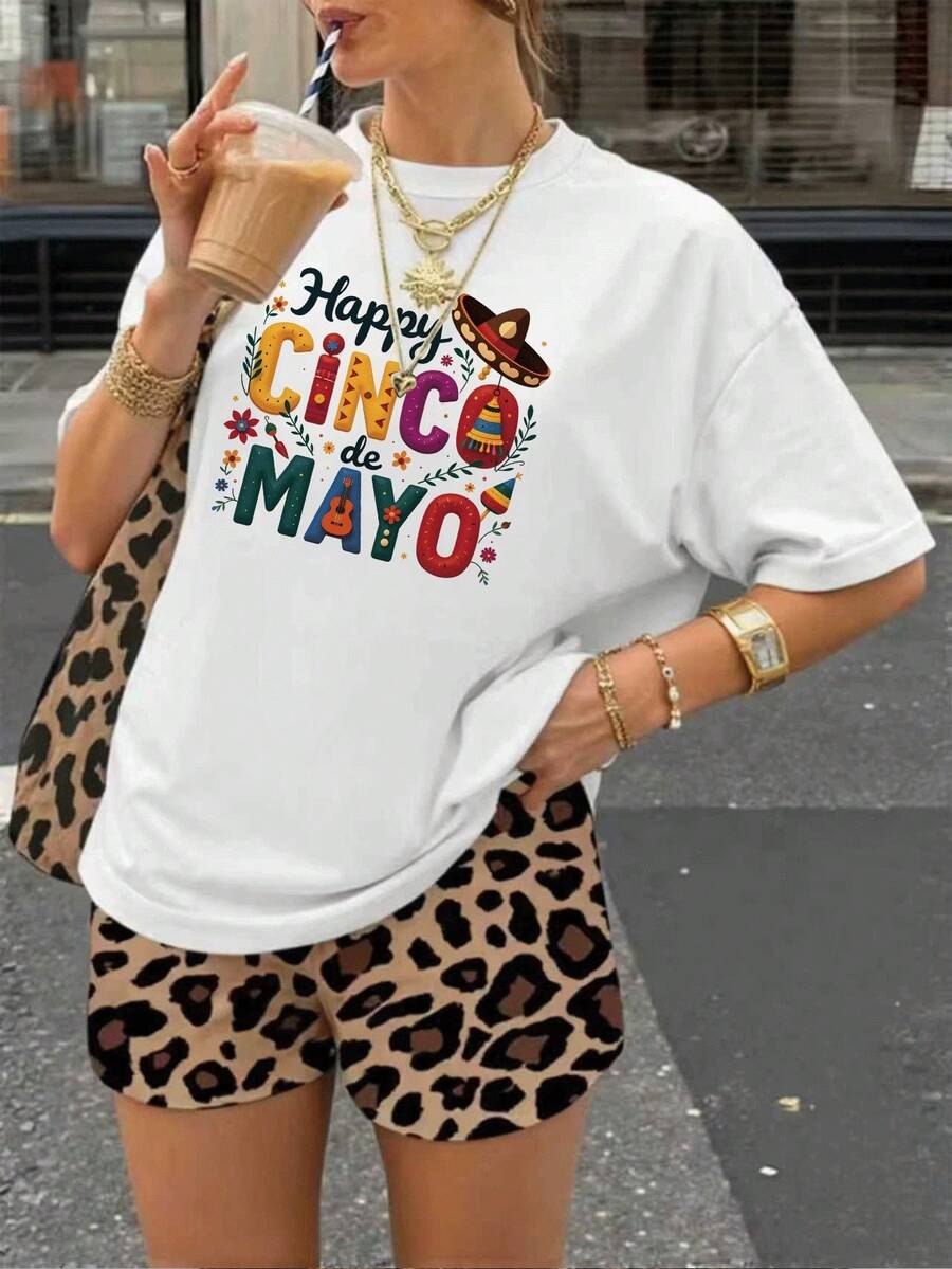 Women's Summer T-Shirt Cinco De Mayo Mexican Fiesta Casual Style With Floral Hat And Guitar Colorful Pattern Short Sleeve Soft Cotton Festive Fashion For May Celebrations Light Clothing - 白色 - 查看 1