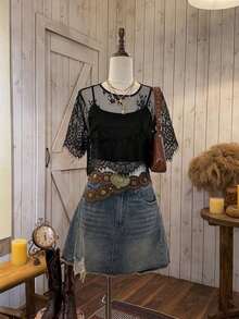 Blusa suelta de manga corta con encaje elegante para mujer, adecuada para la temporada de bodas, citas, primavera y verano, color: Blusa de verano casual de primavera y verano para mujer Blusa blanca Blusa bohemia Blusa de ojal Blusas de verano par - Negro 2 - Ver 3