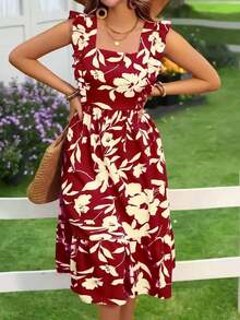 Vestido de verano de estilo bohemio con cuello cuadrado y estampado floral, con volantes en el bajo, elegante vestido de vacaciones en color rojo - rojo intenso - Ver 4