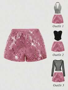 Pantalones cortos negros glamorosos de mujer con adornos de lentejuelas - Rosa - Ver 3
