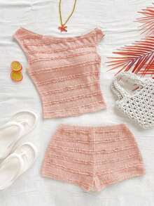 Conjunto de 2 piezas para vacaciones primavera/verano de mujer: Top corto asimétrico de hombro de punto a rayas rojas y blancas y shorts ajustados de tiro súper bajo, adecuado para fiesta, Navidad, San Valentín, cita, playa, crucero, carnaval, Pasc - Rosa Pálido - Ver 6