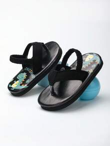 1 Pair Baby Open Toe Breathable Dinosaur Pattern Flip Flops, Kids Outdoor Slip-On Slouchy Sandals - Black - View 3