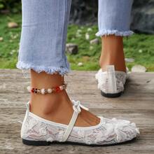 Women's Breathable Hollow Floral Pattern Low Vamp Square Toe Flat Shoes, Lace Mesh Material, Comfortable For Daily Commute In Summer, White Color - White - View 2
