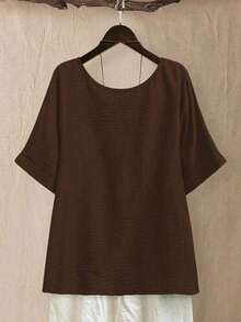 CURVE Blusa casual/diaria/de salida/simple/para viajar de manera relajada/que ilumina, de cuello redondo, de color verde pradera texturizada, talla grande, para primavera/verano - Café integral - Ver 2