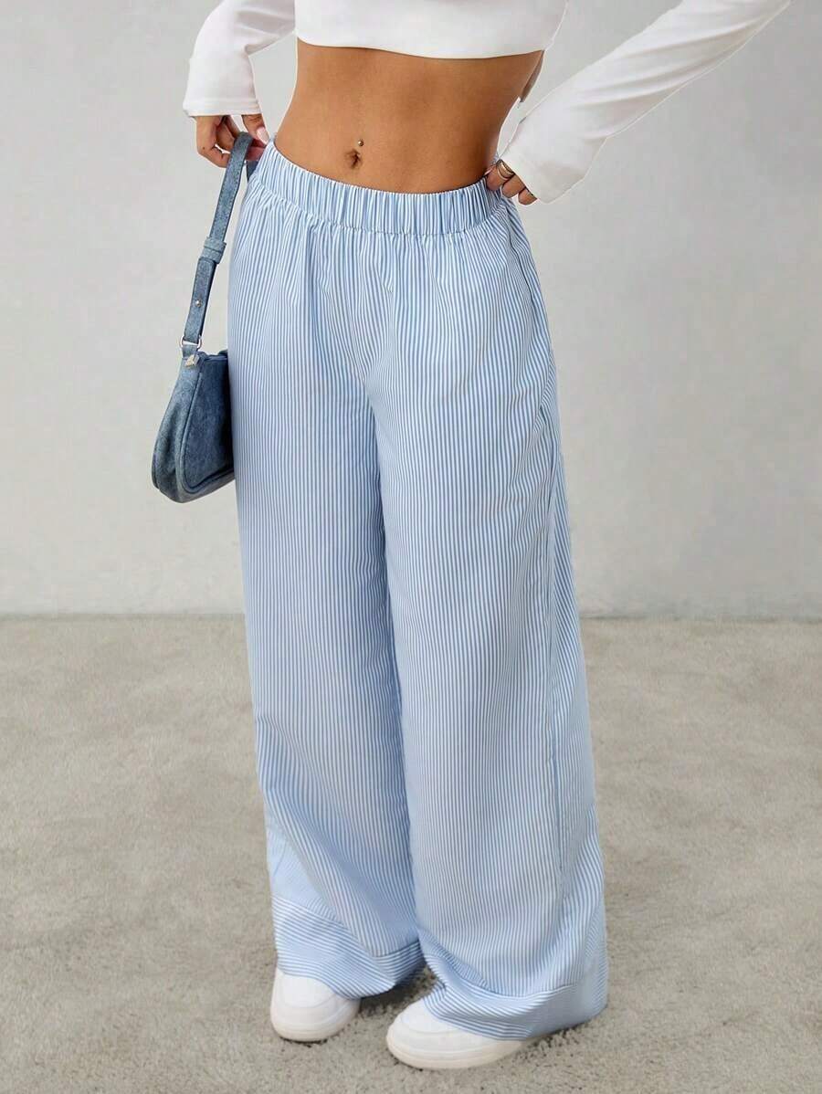 Pantalones casuales de pierna ancha a rayas para mujeres para ir al trabajo - Azul y blanco - Ver 1