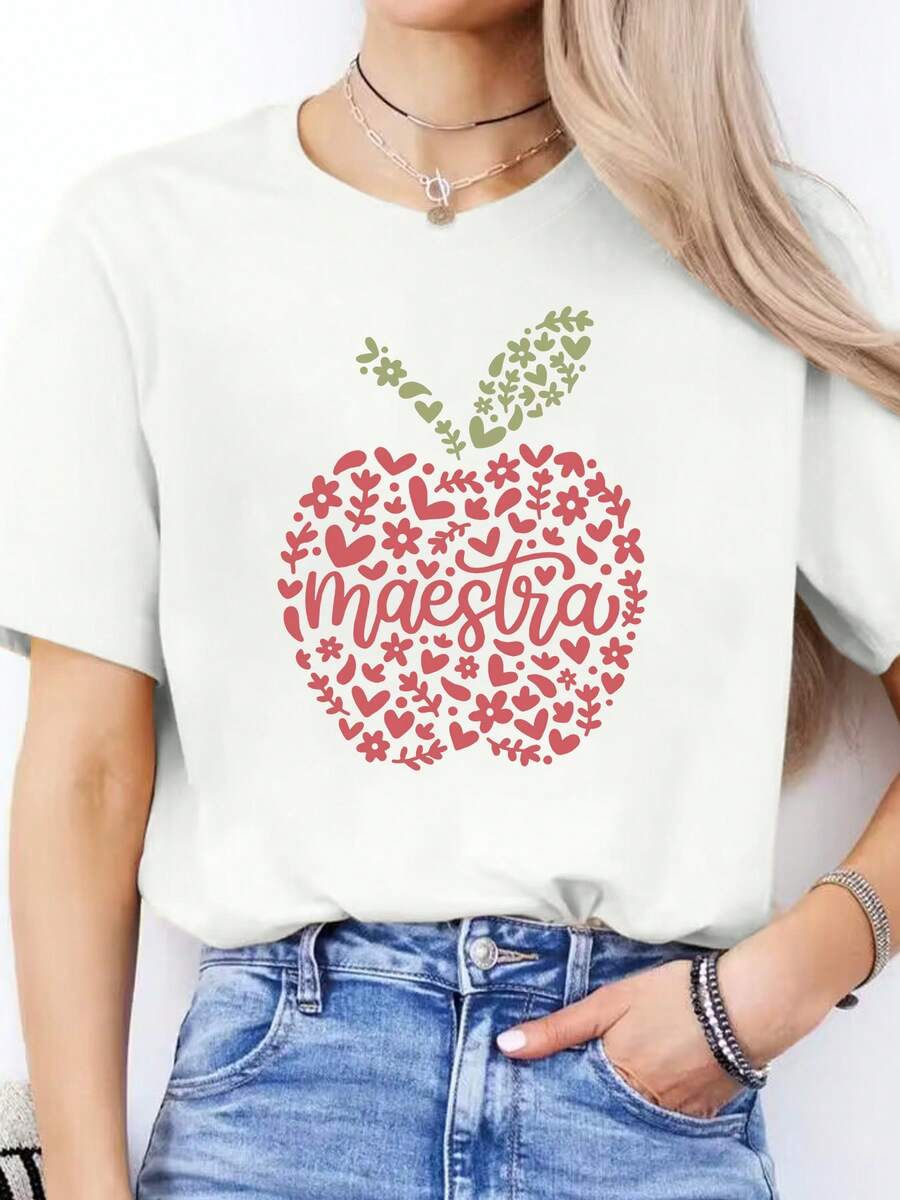 Women's Casual Round Neck Short Sleeve Sports T-Shirt With Spanish Alphabet Print Spring/Summer - [White] - View 1