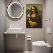 趣味浴室墙面艺术木框蒙娜丽莎捏鼻子用马桶刷海报，复古女性肖像帆布画，浴室、更衣室趣味墙面装饰 - A - 查看 10
