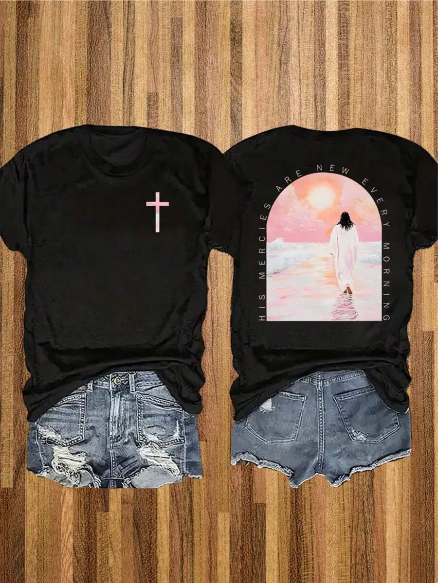 Women's 100% Cotton Summer Tops, Oversized Graphic Print T-Shirt - Geometric Letter Print, Casual Short Sleeve Top, Relaxed Fit, Round Neck, Spring/Summer Tee, Machine Washable, Women's T-Shirt, Weekend Style, Soft Material, Printed T-Shirt, Women's Cotton T-Shirt, Camisetas Mujer - Black - View 1
