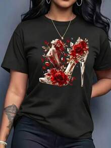 T-Shirt With A High Heel Print Featuring A Woman Surrounded By Red Roses. Very Modern, Cotton-Feel T-Shirt With Vibrant Colors, Ideal For Everyday Wear. Modern, Loose-Fitting, Round Neck, Short Sleeves-Perfect For You! - 黑色 - 查看 6