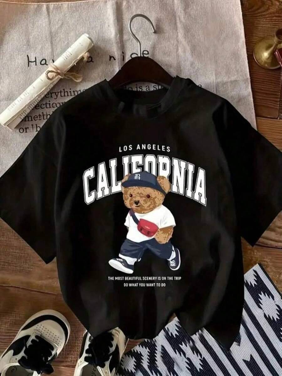 Camiseta de poliéster impresa gráfica de California - Cuello redondo casual, tejido de punto con estiramiento, patrón alfabético, longitud regular, uso para todas las estaciones Camiseta casual unisex con estampado gráfico suelto cuello redondo manga corta primavera verano estilo urbano - Negro - Ver 1