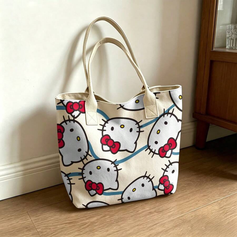 Miniso 三丽鸥 Hello Kitty 简约印花帆布手提包,奶油色单肩包,日常使用 - 白色 - 查看 1