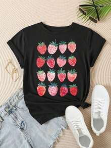 Women's Casual T-Shirt - Short Sleeve T-Shirt With Strawberry And Red And Pink Fruit Print, Round Neck, Summer Top, Machine Washable, Ladies' T-Shirts, Casual Wear, Modern Style, Comfortable Fit

-White 100% Cotton Durable - 黑色 - 查看 2