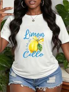 Camiseta Casual de Verano con Estampado de Letras y Frutas, Camiseta de Manga Corta con Diseño de Limones para Mujer, Camiseta Gráfica con Diseño de Limones y Lazo, Camiseta Casual Estilo Vacaciones, Ropa de Verano, 100% Algodón, Duradera - Blanco - Ver 7