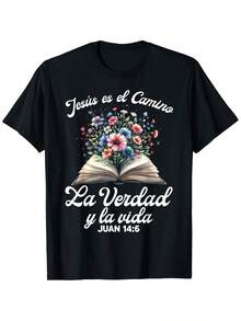 Women's Christian T-Shirt "Jesus Is The Way, The Truth, And The Life" (John 14:6), Casual T-Shirt With A Biblical Floral Design, 100% Pure Cotton, Comfortable Colors. Short-Sleeved Design With A Round Neck, New Fitted T-Shirt For Women, Spring/Summer Style, Couple Style, Perfect For Wearing Together. - 黑色 - 查看 7