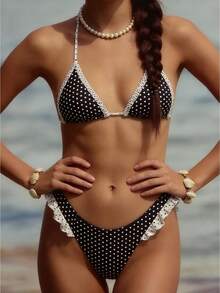 Women 2-Piece Bikini Dot Print Backless Halter Neck Bra And Ruffles Panties Sets For Summer Bathing Suit - Black - View 1