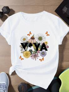 Camiseta deportiva de manga corta para mujer con la palabra YAYA y un estampado floral.una camiseta estampada muy distintiva / estilo unisex / adecuada tanto para hombres como para mujeres / resistente a las arrugas / transpirable - Blanco - Ver 8