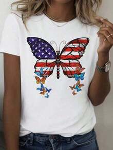 Camiseta de Moda para Mujer de Talla, Camiseta con Estampado Patriótico de Mariposa y Bandera Americana - Diseño Sencillo para el Día de la Independencia del 4 de Julio, Cuello Redondo Suave y Elástico, Mangas Cortas, Lavable aáquina, Top Casual de Verano, Adecuada para el Uso Diario y para las Fiestas, Camiseta Cómoda y Ajustada, Ropa Festiva, Tela Elástica, Esencial para Celebraciones - Camiseta Unisex de Manga Corta y Cuello Redondo de Algodón, Estilo Vintage Urbano. - Blanco - Ver 6