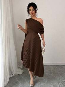Vestido largo de mujer elegante de gasa con un hombro, plisado, brillante, para primavera/verano - Café integral - Ver 12