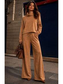 Women's Set In Elegant And Comfortable Ribbed Knit Fabric, Winter Fashion, Chic Blogger Style - 駝色 - 查看 6