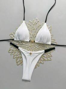 Nuevo bikini sexy, traje de baño de dos piezas para mujer con cuello halter y color sólido. - Blanco - Ver 11